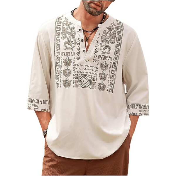 Men's Boho Tribal Print 3/4 Sleeve Button Holiday Henley Shirts