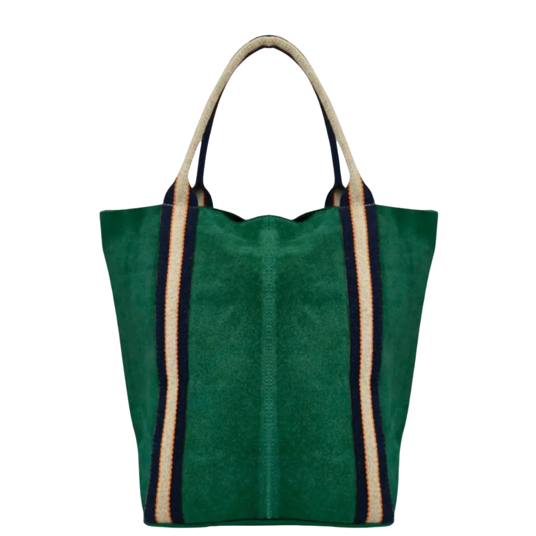 Italian's Leather Women's Suede And Stripe Tote Bag (Dark Green)
