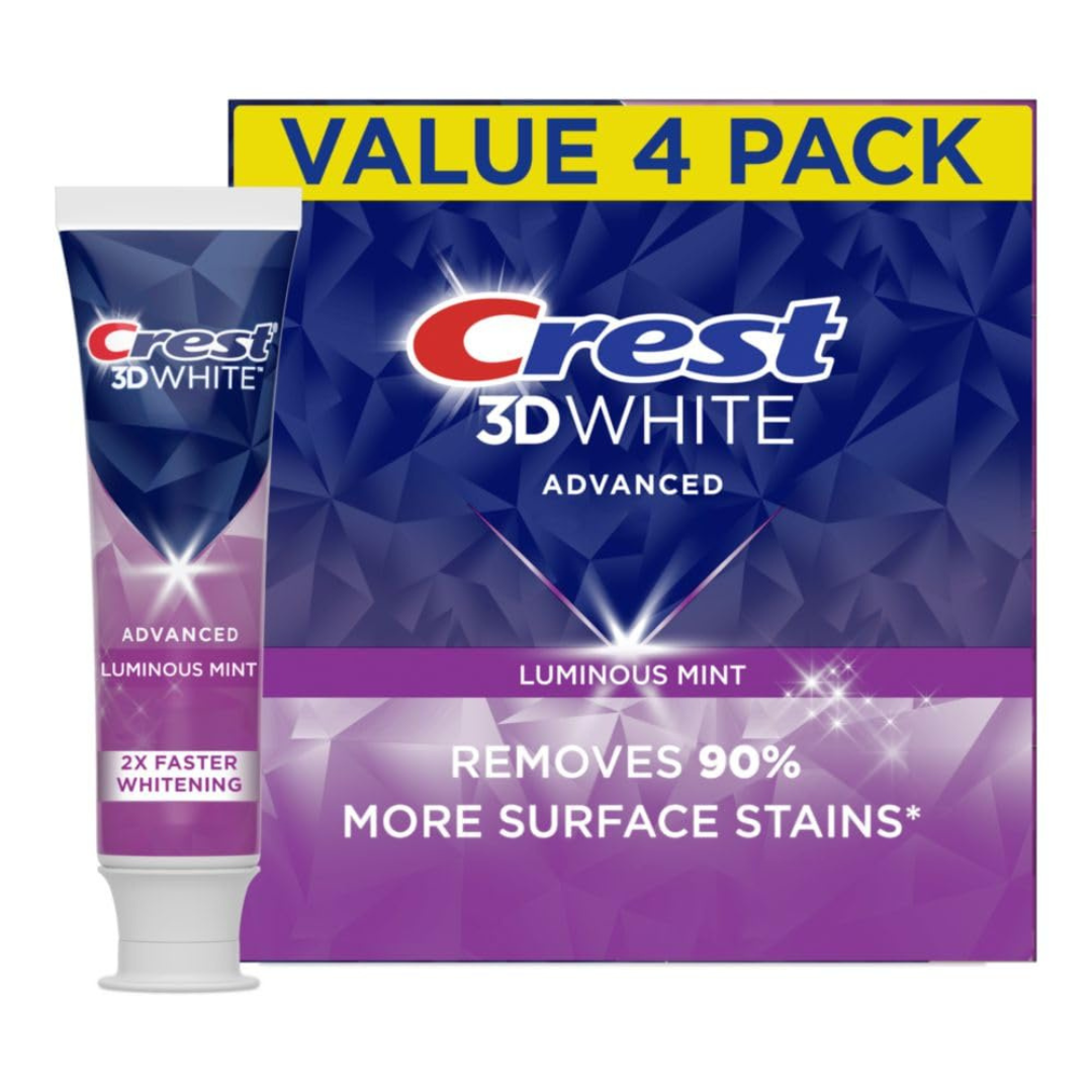 Crest 3D White Advanced Luminous Mint Teeth Whitening Toothpaste, Crest Toothpaste (3.7 oz Pack of 4)