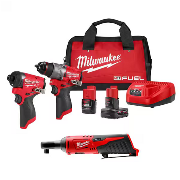 3-Tool Milwaukee M12 Combo Kit W/ FUEL Hammer Drill + FUEL Impact Driver + Ratchet