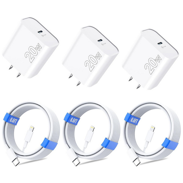 3-Pack 20W PD USB-C Wall Charger Block W/ 3-Pack 6.6ft USB-C To Lightning Cable