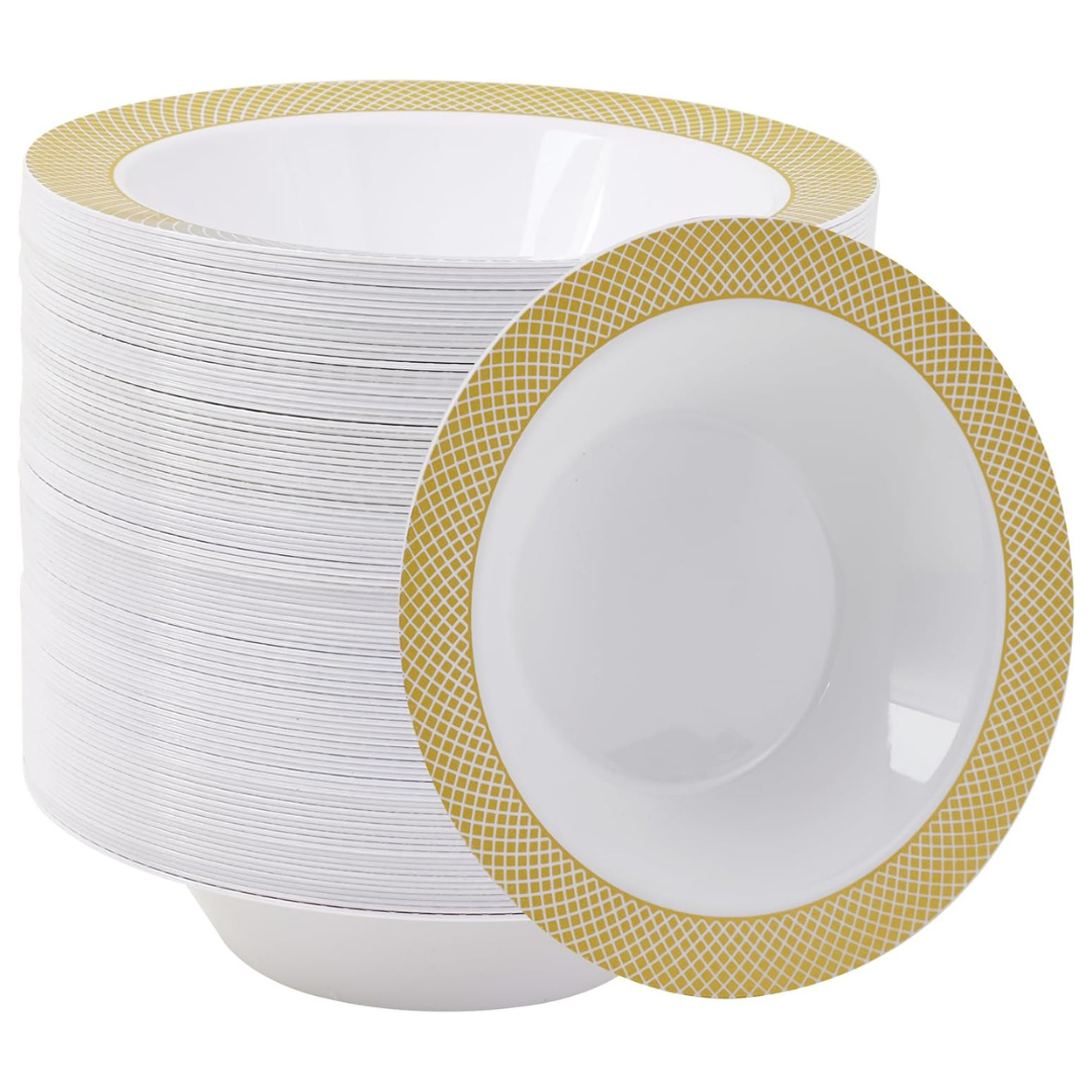 JOLLY CHEF 100 Premium Heavy Duty 12 Oz Plastic Bowls With Silver Or Gold Rim