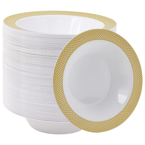 JOLLY CHEF 100 Premium Heavy Duty 12 Oz Plastic Bowls With Silver Or Gold Rim
