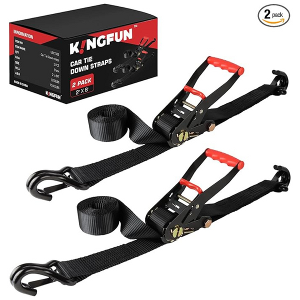 2-Pack Kingfun Heavy Duty Car Tie Down Straps With J Hooks