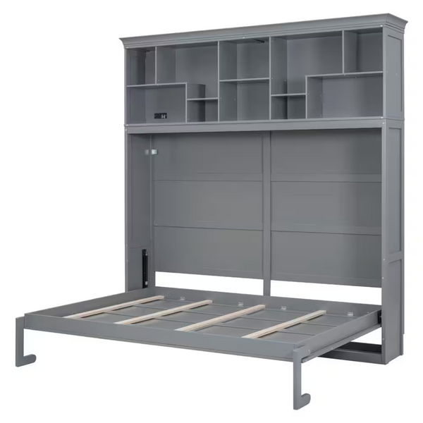 Gray Wood Frame Queen Murphy Bed With Top Shelves And USB