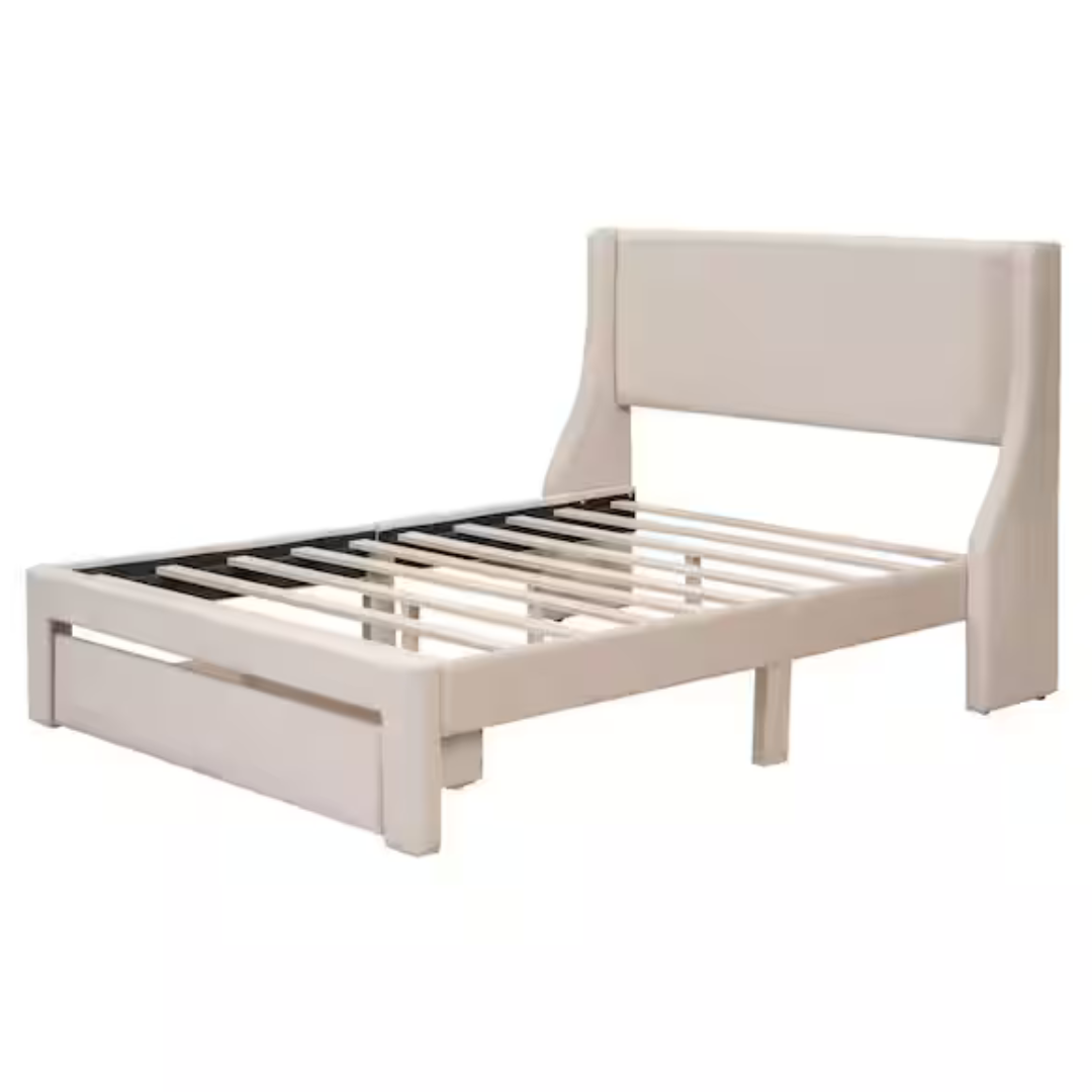 Beige Wood Frame Full Size Platform Bed