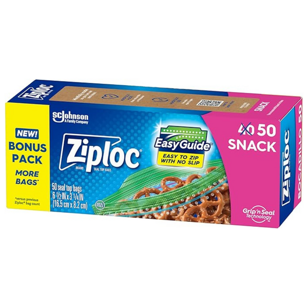 50-Count Ziploc Snack Bags With Grip 'N Seal Technology & EasyGuide Texture