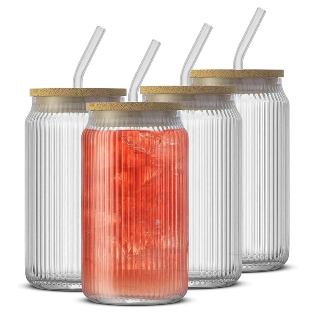 4-Pack 16-Oz JoyJolt Fluted Glass Tumblers W/ Bamboo Lids And Glass Straws
