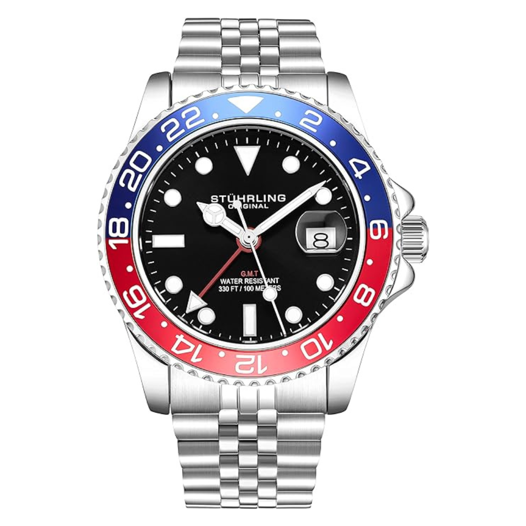 Stuhrling Original Men's Stainless Steel Jubilee Bracelet GMT Watch