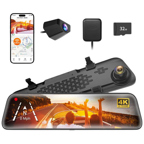 Wolfbox G840S 12" 2160P Full HD Smart 4K Mirror Dash Cam Backup Camera