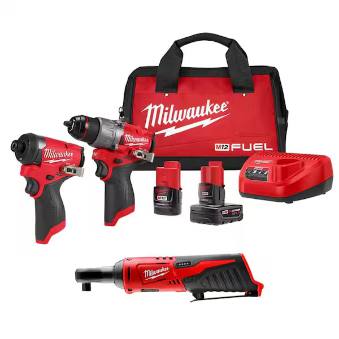 3-Tool Milwaukee M12 Combo Kit w/ FUEL Hammer Drill + FUEL Impact Driver + Ratchet