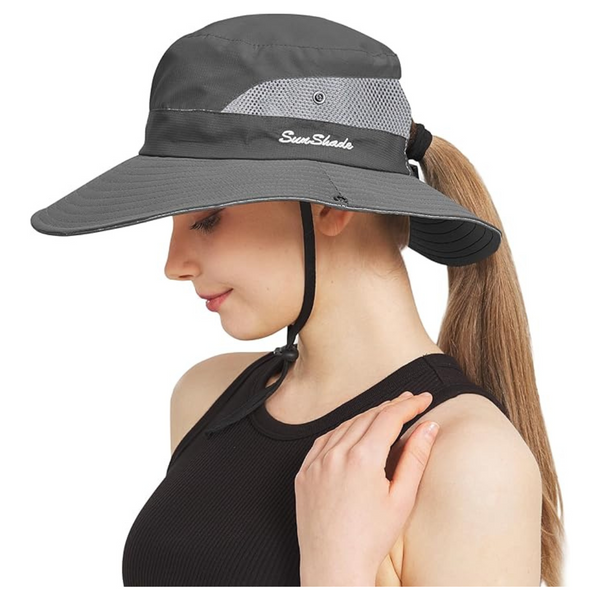 Women's Wide Brim UPF 50+ Ponytail Sun Bucket Hats