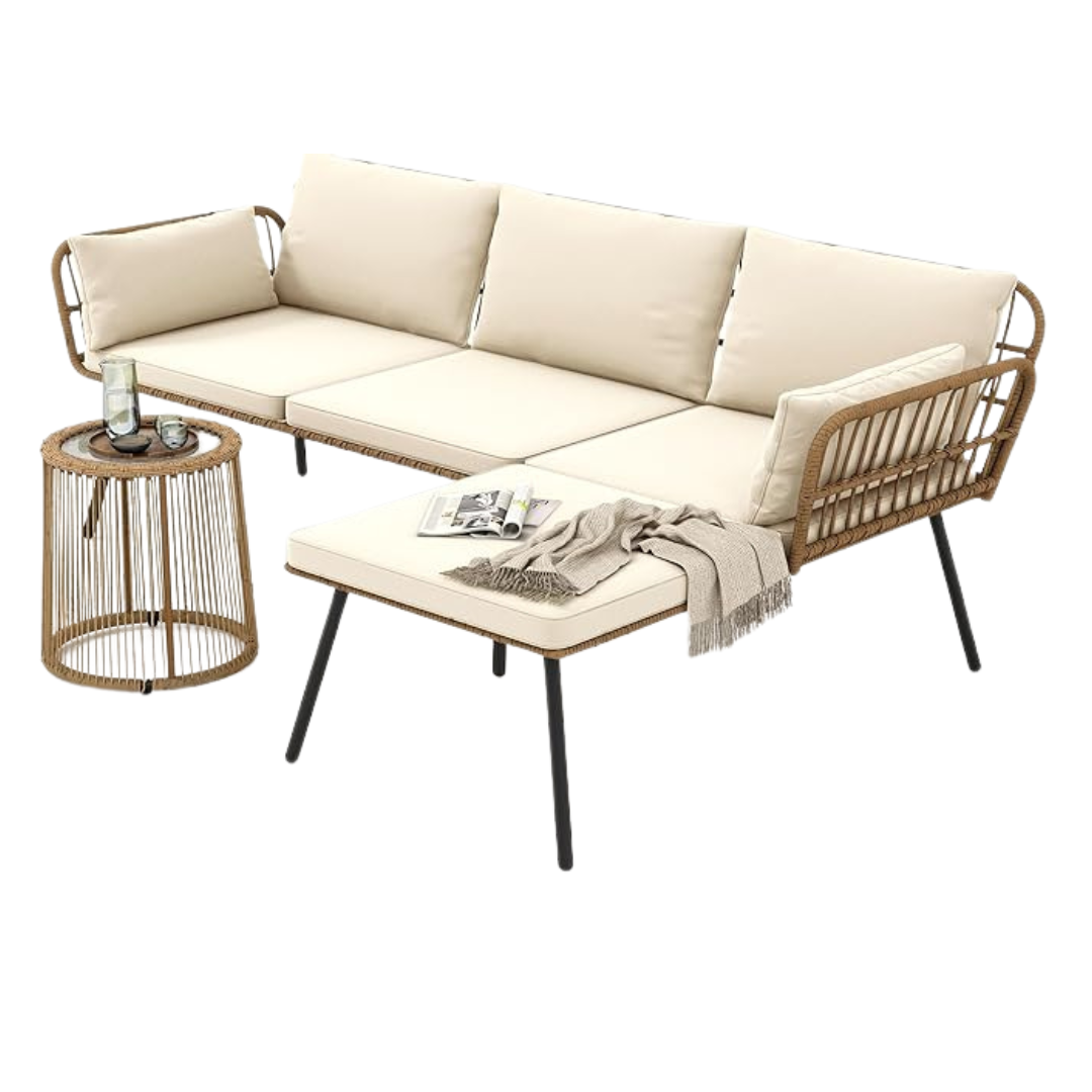 3-Piece Patio L-Shaped Sectional Wicker Furniture Set