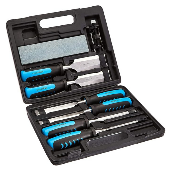 8-Piece Amazon Basics Wood Carving Chisel Set W/ Honing Guide, Sharpening Stone & Case