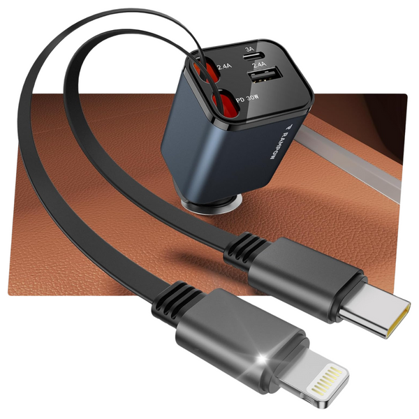 65W RAMPOW 4-in-1 Retractable USB-C & Lightning Car Charger