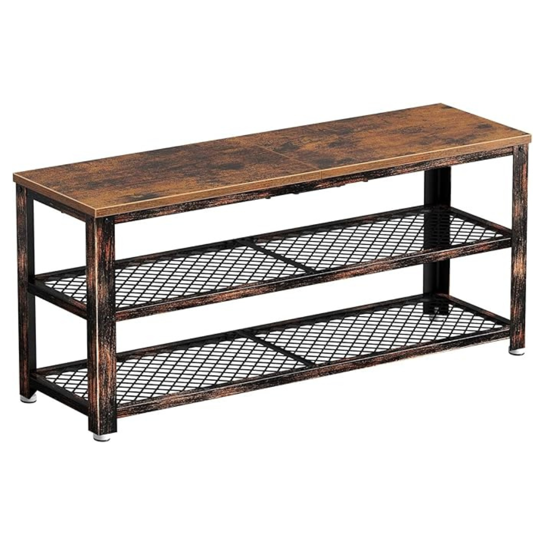 39.4" 3-Tier Shoe Rack With Mesh Shelves Wood Seat