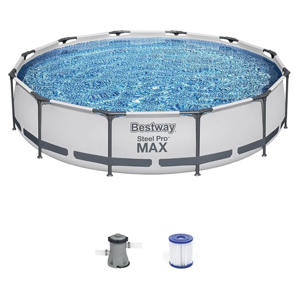 Bestway Steel Pro MAX 12 Foot x 30 Inch Round Metal Frame Above Ground Swimming Pool Set With 330 GPH Filter Pump