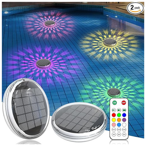 2-Pack Solar Rechargeable Floating RGB Pool Lights With Remote Control