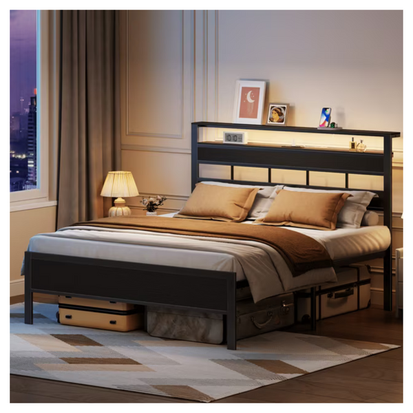 Satifur Queen Size Bed Frame With Storage Headboard & LED Light