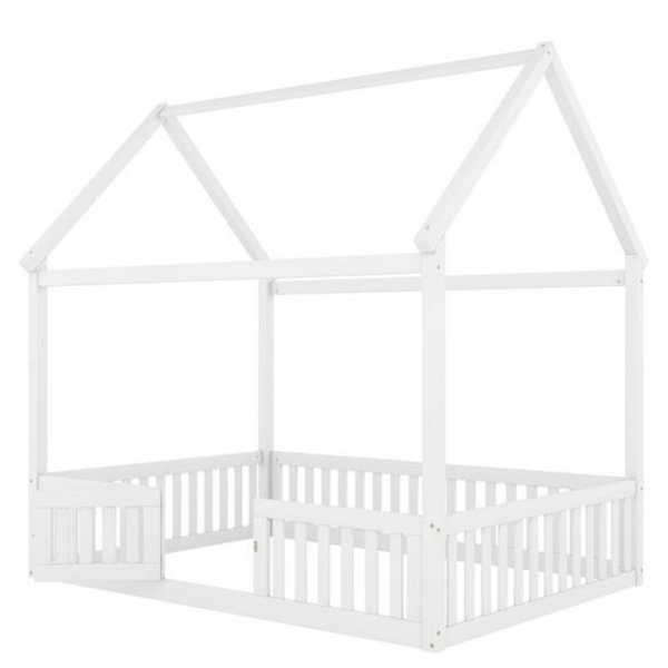 White Wood Frame Full Size Platform Bed With Fence And Door