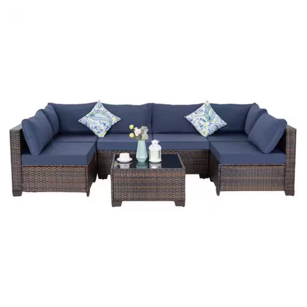 7-Piece Wicker Outdoor Dining Set With Blue Cushion, Coffee Table