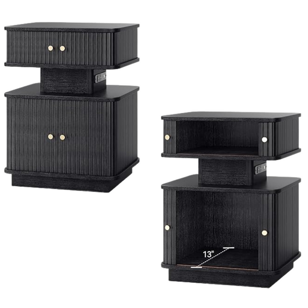 Modern LED 2-Drawer Night Stand W/Charging Station & Sliding Door