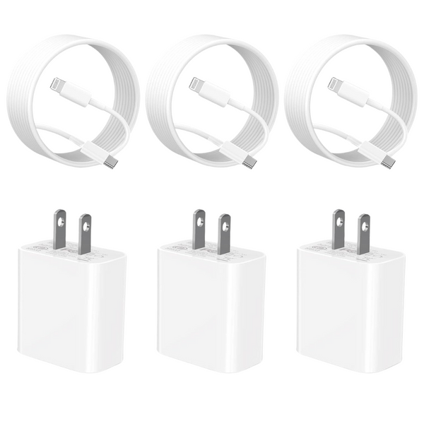 3 Pack 20W Type C Fast Charger Block With 6ft Cables