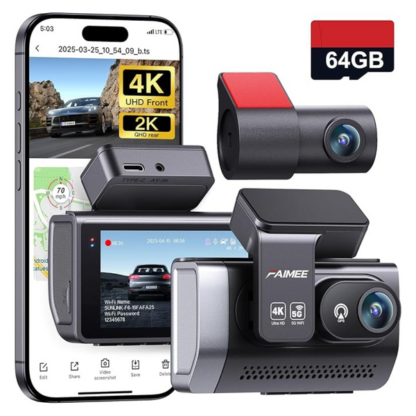 4K 5.8G WiFi Front And Rear Dash Cam With GPS & 64GB Card