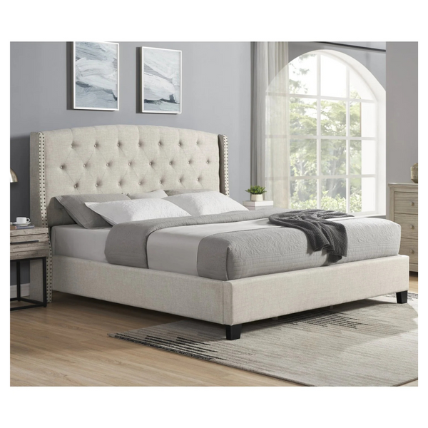 Streamdale Fabric Wingback Beds With Nailhead Trim (Beige)