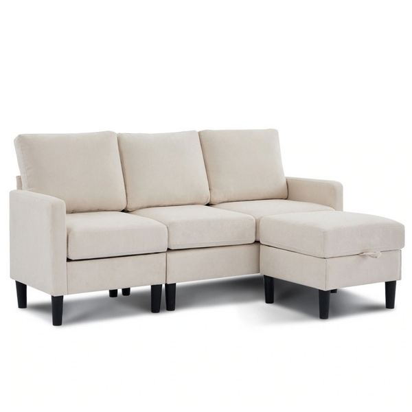 High-Legged Linen Reversible Sofa With A Storable Ottoman