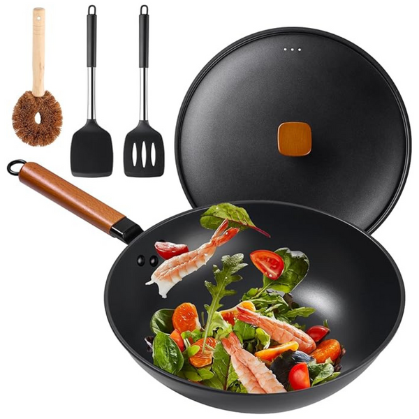 Carbon Steel 13" Nonstick Wok & Stir-Fry Pans Set With Lid