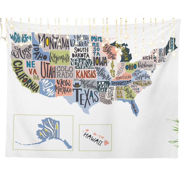 51.2 L x 59.1 W Wall Hanging USA Map With States Tapestry