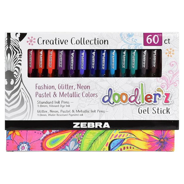 Zebra Pen Doodlerz Gel Stick Pen Mega Set, Assorted Glitter, Neon, Metallic, Pastel Colors (60 Pack)