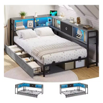 Corner Twin Bed Frame With Bookshelf And LED Lights