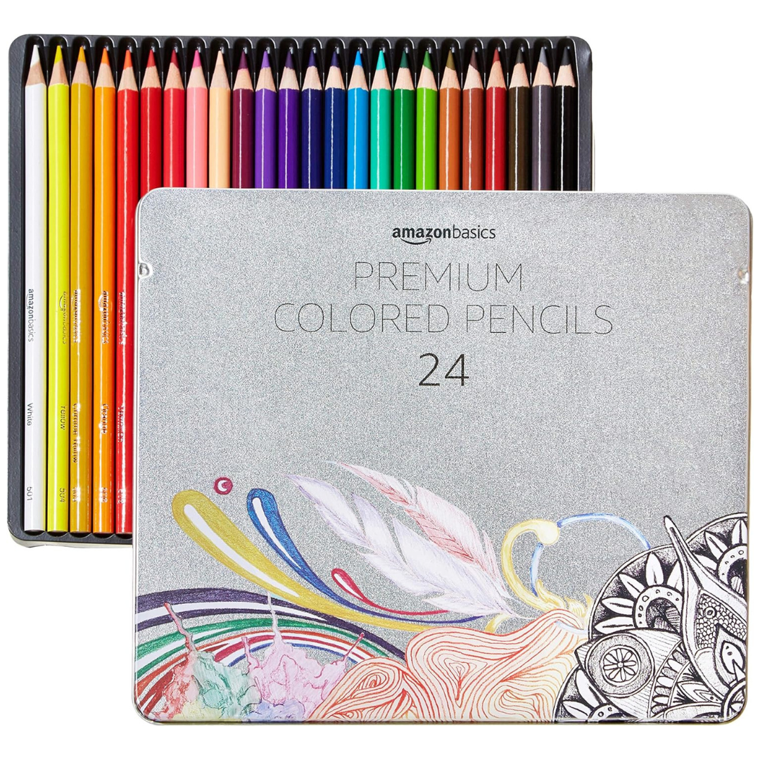 24-Count Amazon Basics Premium Soft Core Colored Pencils w/ Tin Case
