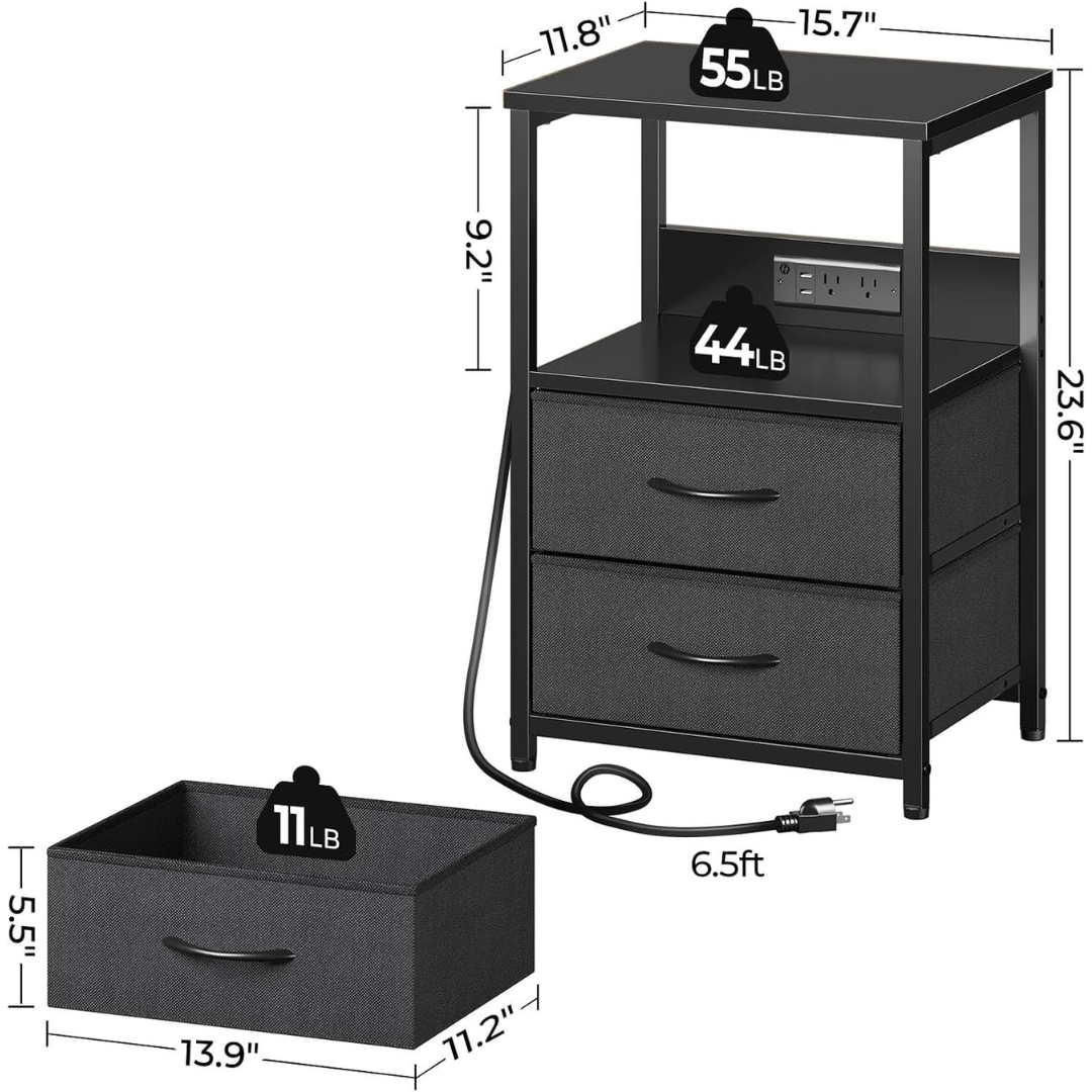 3-Tier 2 Fabric Drawers LED Nightstand w/ Charging Station