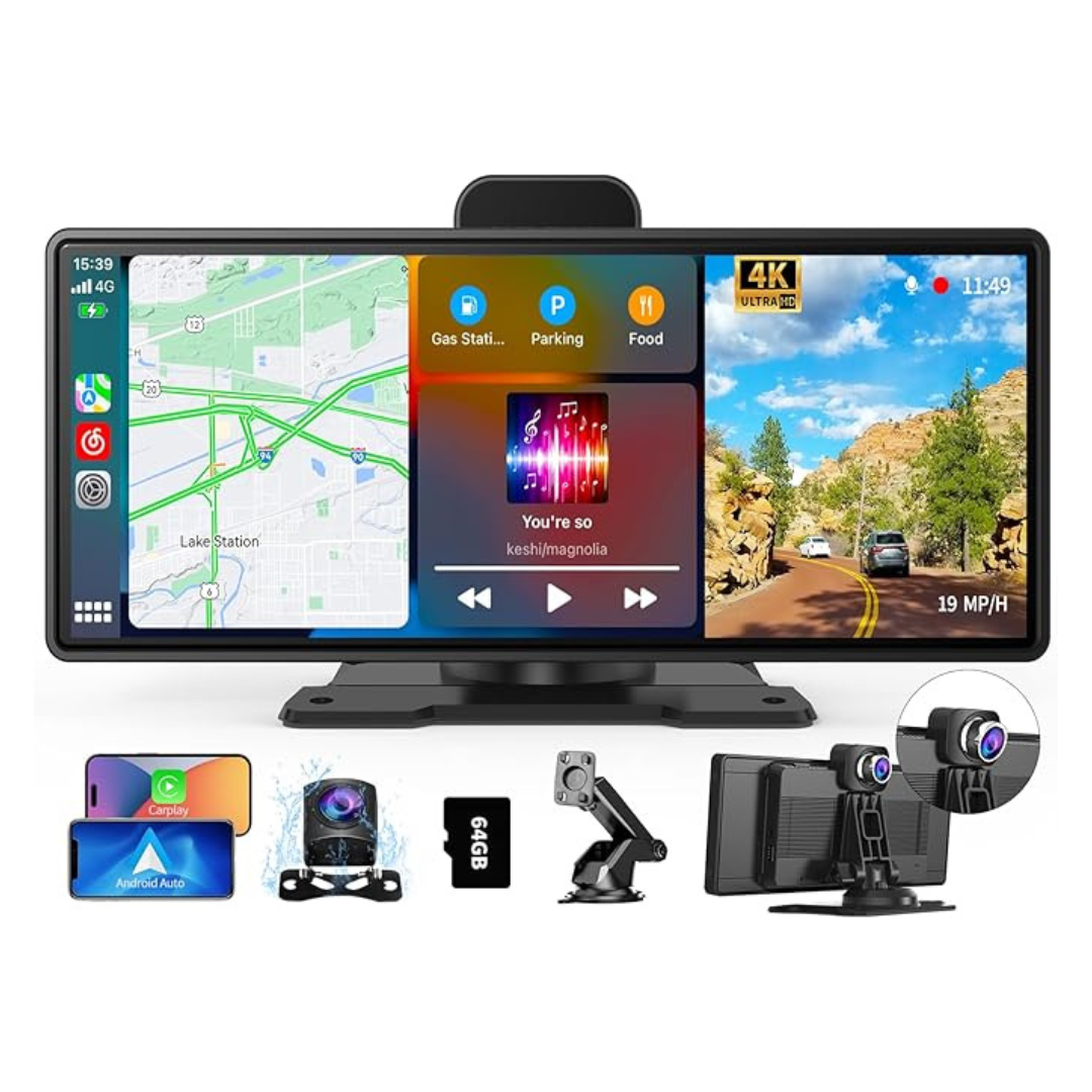 10.26" Portable Wireless Carplay & Auto With 4K Dash Cam