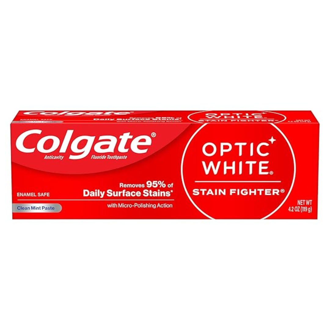 Colgate Optic White Stain Fighter Whitening Toothpaste, Clean Mint Flavor (4.2 Oz Tube)
