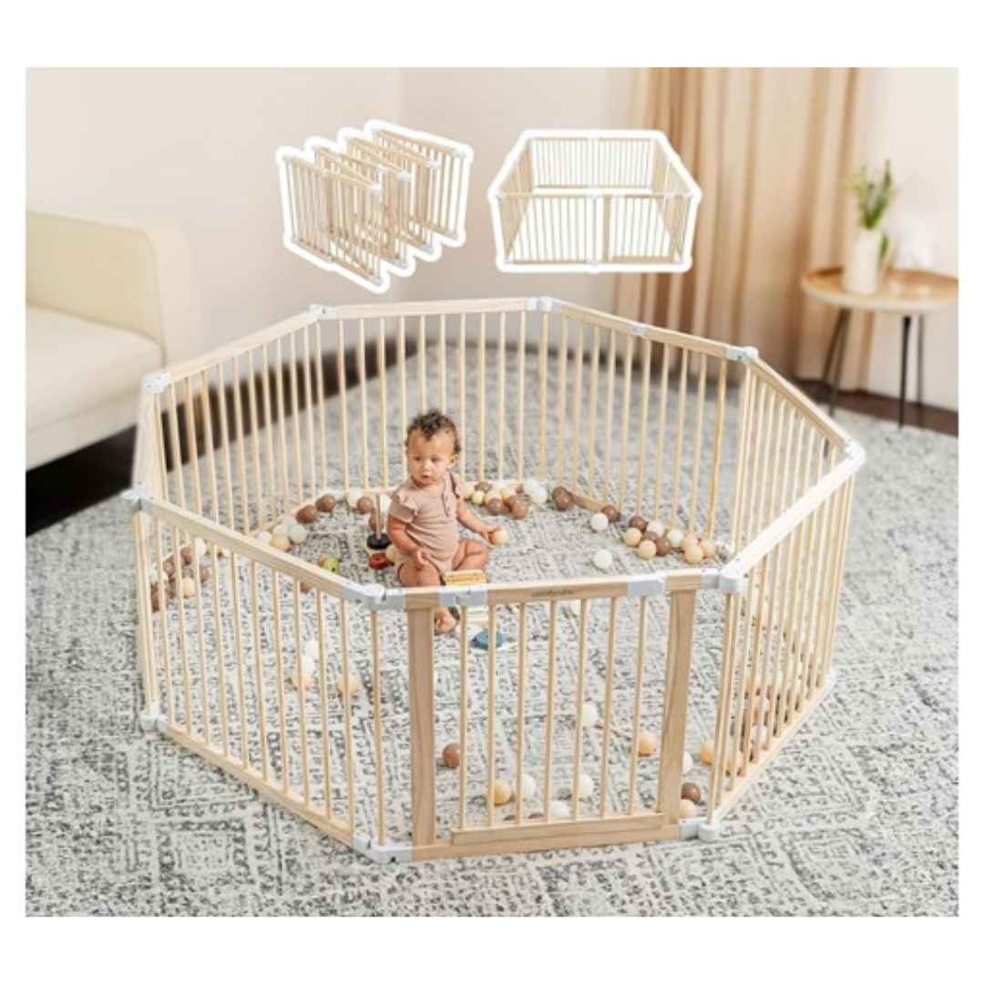 Foldable Baby Wooden Size Adjustable Playpen With Gate