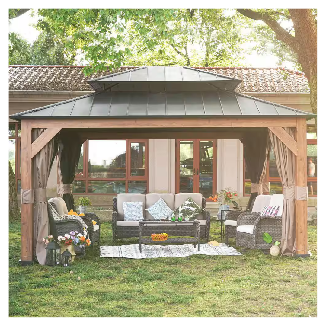 15ft x 13ft Wood Grain Aluminum Roof Gazebo