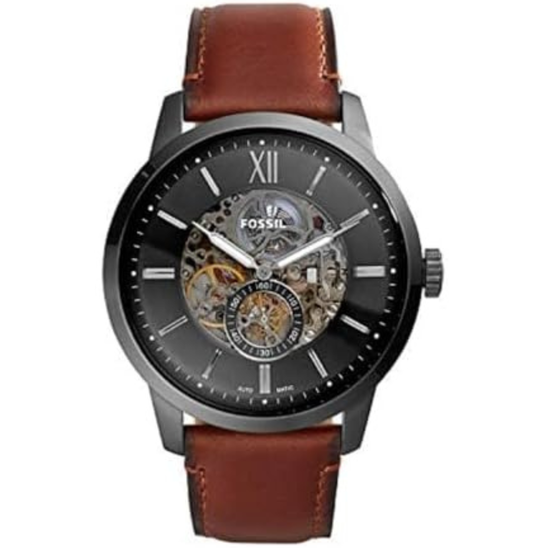 Fossil Men's Automatic Stainless Steel And Leather Three-Hand Skeleton Watch