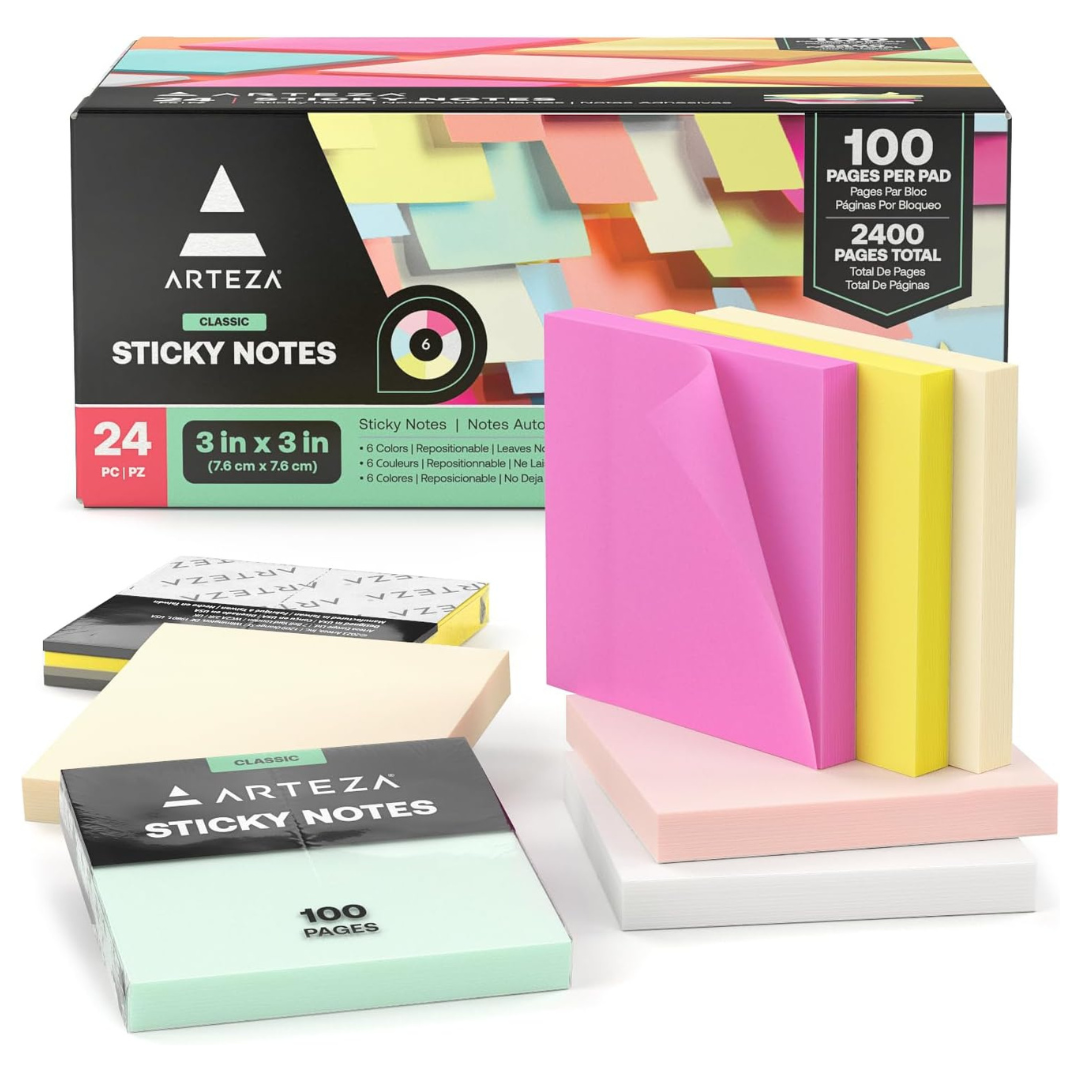 Arteza Self-Adhesive Notes, 3x3 Inches, 24 Pads (Assorted)