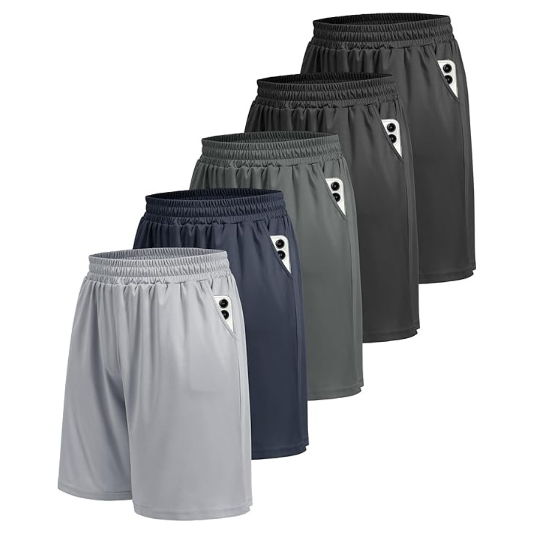 5-Pack Boojo Athletic Men's Gym Shorts With Pockets (Large Size)