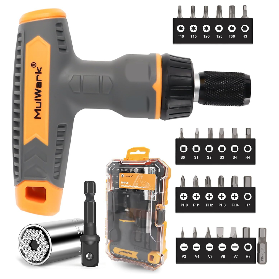 30-Piece MulWark Magnetic Universal Socket Ratcheting Screwdriver Tool Set