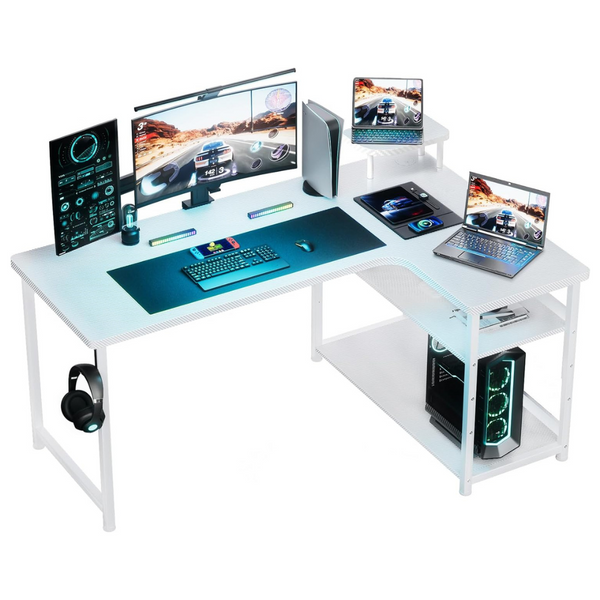 GTRACING L-Shaped Carbon Fiber Style Gaming Computer Desk (White)