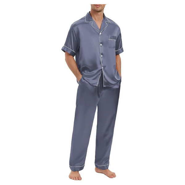 Aueck Men Silk Satin Pajamas Sets With Pockets (Grey)