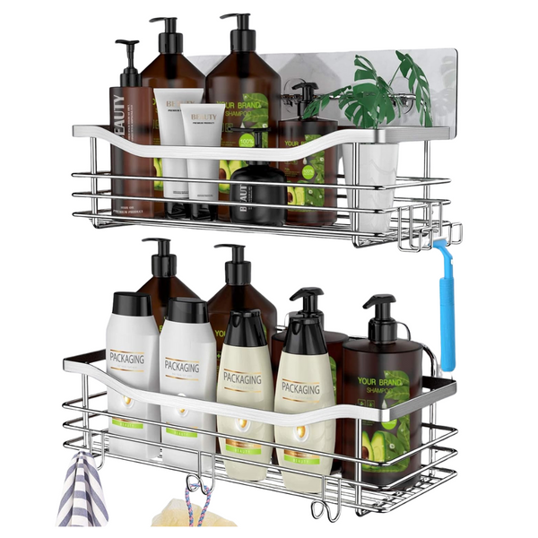 2-Pack Orimade Adhesive Shower Caddy Basket Shelf With 5 Hooks