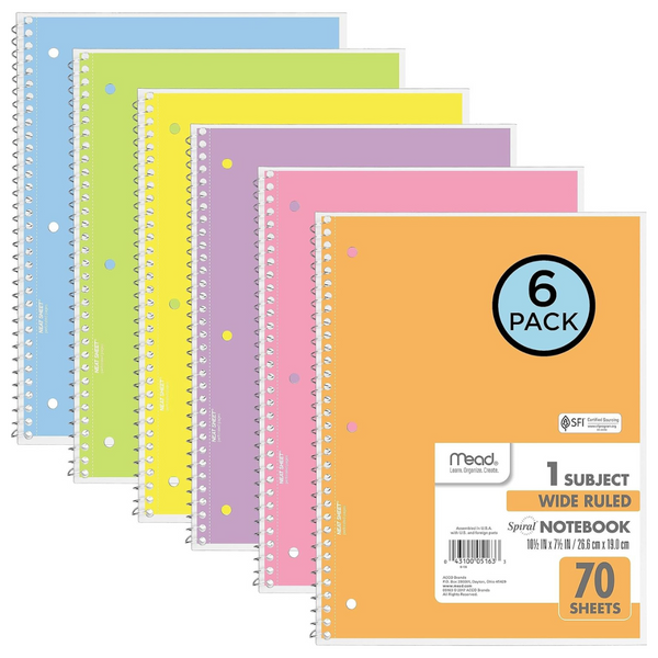 6 Pack of Mead Spiral Notebooks, Wide Ruled Paper