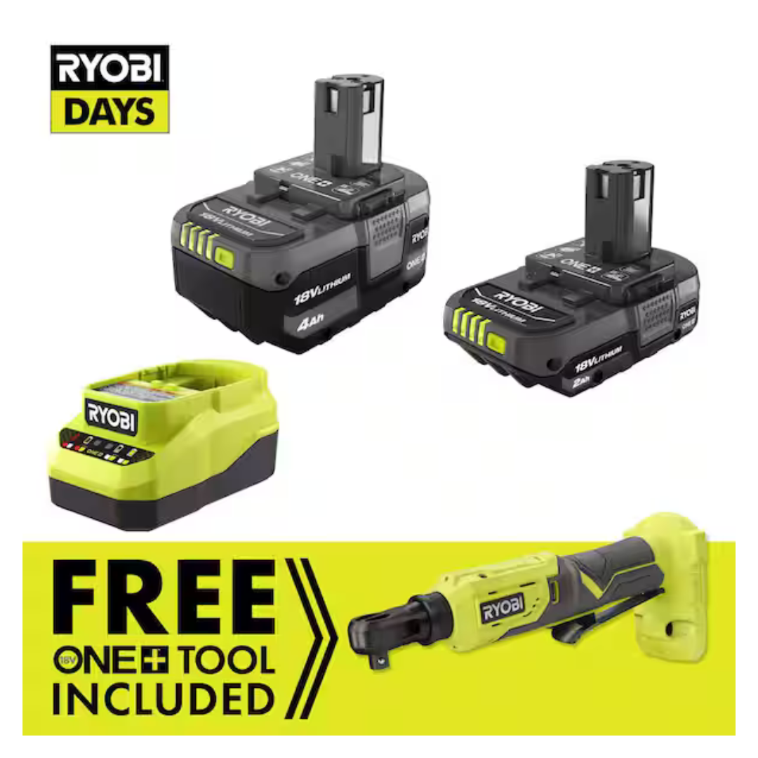 RYOBI ONE+ 18V Cordless 3/8" Ratchet Kit W/2 Batteries & Charger