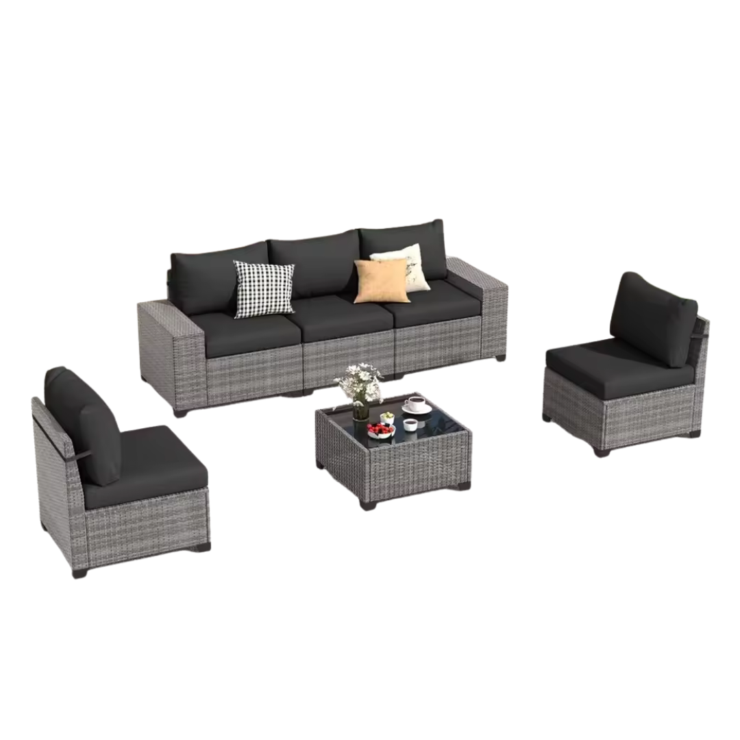 6-Piece L-Shaped Wicker Patio Sectional Furniture Set